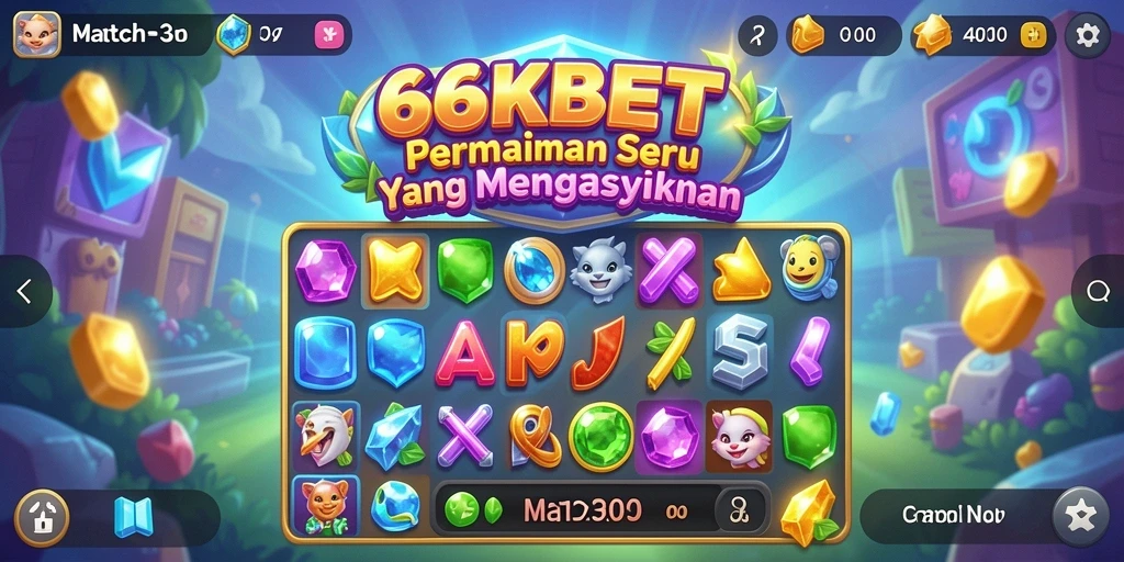 Tampilan gameplay seru 66KBET dengan suasana Match-3 yang menggembirakan.