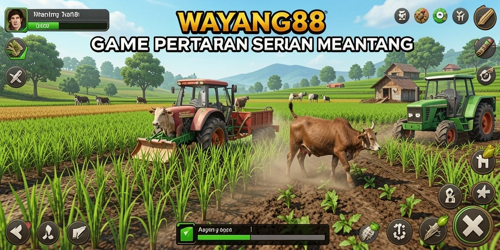 Tampilan utama gameplay WAYANG88 dengan ladang yang subur dan hewan peliharaan.