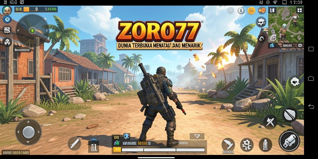 Screenshot gameplay ZORO77 yang menunjukkan petualangan di dunia terbuka.